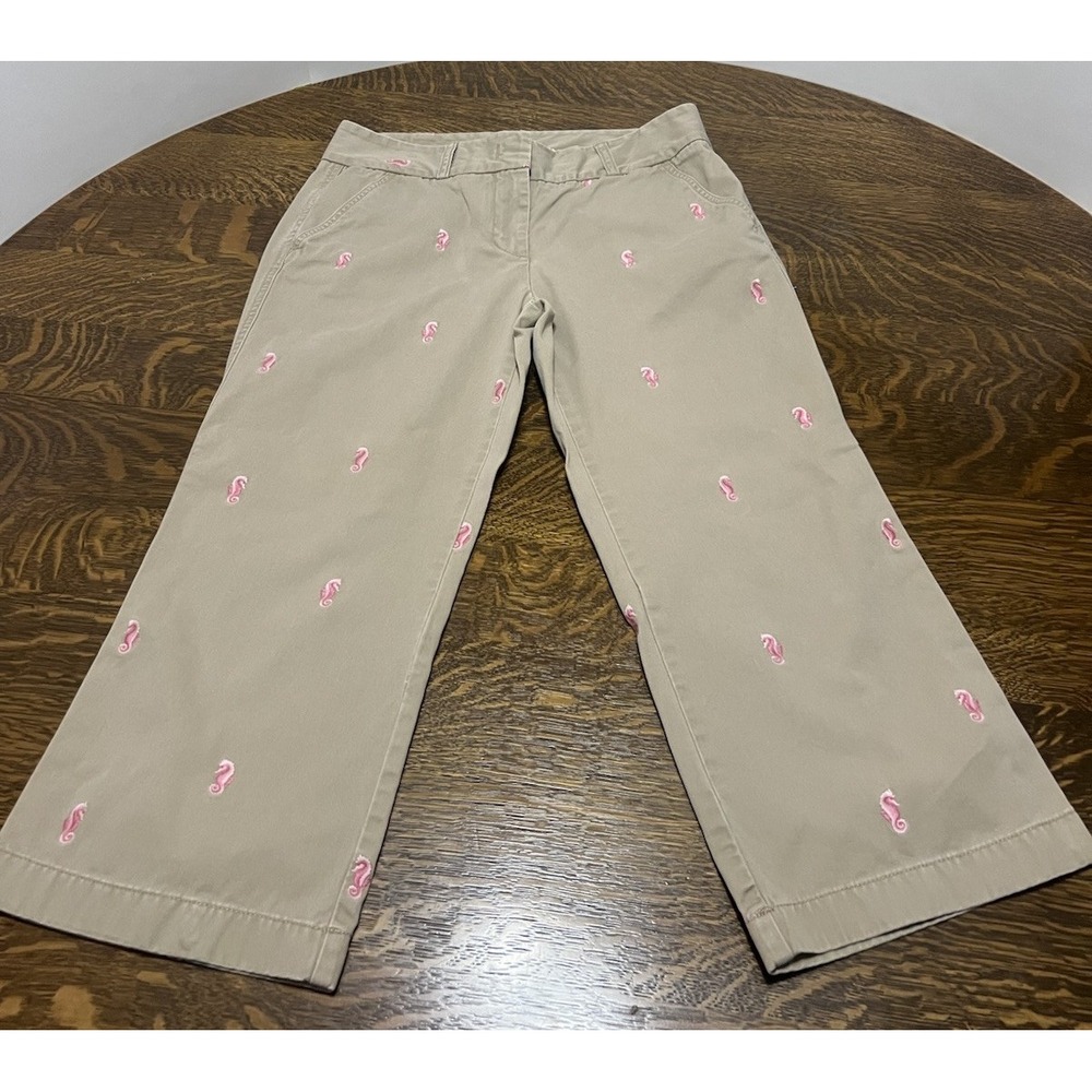 VTG Womens J.Crew Pink Seahorse Embroidered Khaki Capri Pants Sz 10